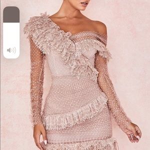 HOUSE OF CB Sorrel Blush Vintage Pink Polka Dot Ruffle Frill Lace Mini Dress